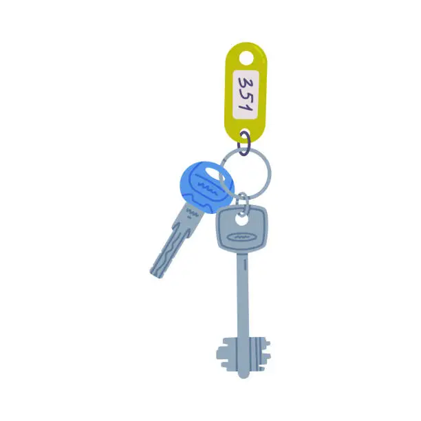 Vector illustration of Trinket with Key Hanging with Keyring with Plastic Number Tag Vector Illustration