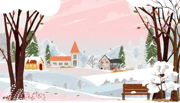 Vector illustration of Winter landscapes city park with cat sleeping on bench in garden,Cute Christmas day in village,Vector cartoon horizon backdrop background Winter wonderland with mountain, Cloud and Pink Sky background