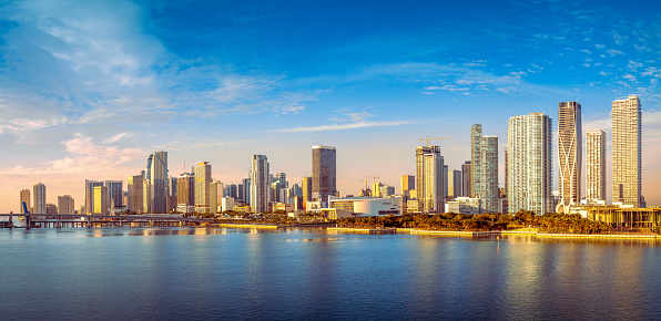 the skyline of miami in the early morning sun