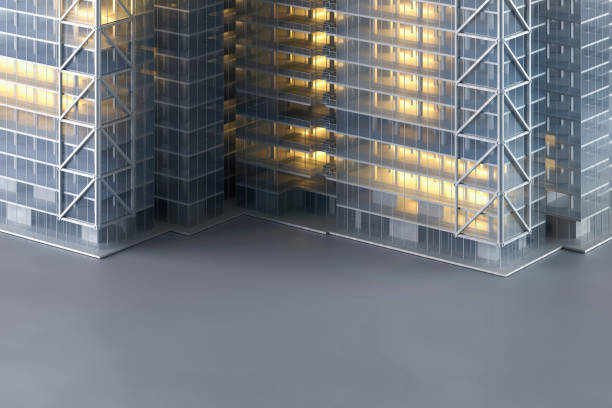 istock Glass and steel office building with illuminated windows, view on ground floor 1466028122