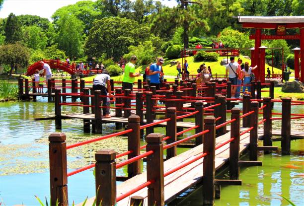 Buenos Aires, Argentina -12/14/2019.People on the Zig Zag Bridge  and on the Taiko Bashi Bridge at the public park in Palermo district. Japanese Garden in capital city.