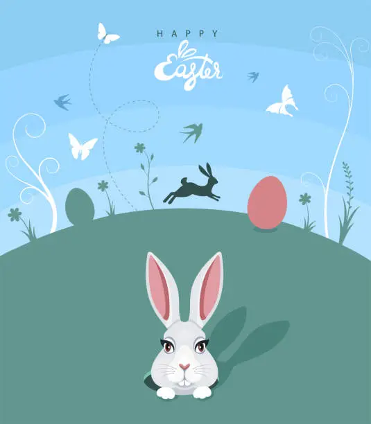 Vector illustration of Easter egg hunt. Easter Bunnies and Eggs Flyer.