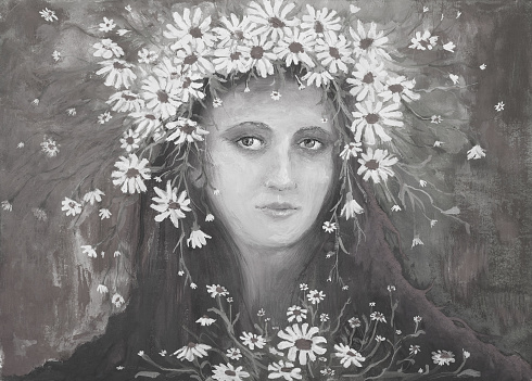 Artistic illustration allegory of Ukraine oil painting portrait of a young beautiful woman with long hair in Ukrainian national clothes and a wreath of flowers