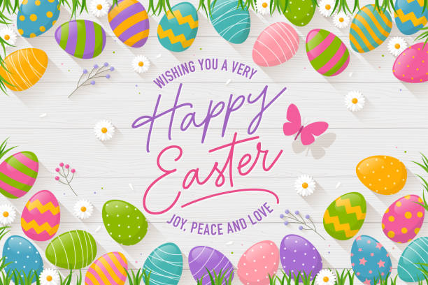 Uova di Pasqua con fiori, su sfondo di legno e testo Buona Pasqua - illustrazione arte vettoriale
