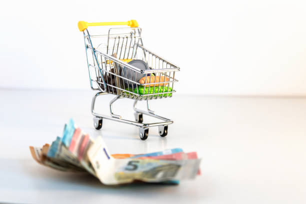 Supermarket shopping cart with essential goods and several euro banknotes on a white background. Conceptual image about purchasing power, family expenses, essential goods,consumer society. Copy space carro de la compra del supermercado con artículos de primera necesidad y varios billetes en euros sobre fondo blanco. imagen conceptual sobre el poder adquisitivo, los gastos familiares, los bienes esenciales, la sociedad de consumo. espacio de copia