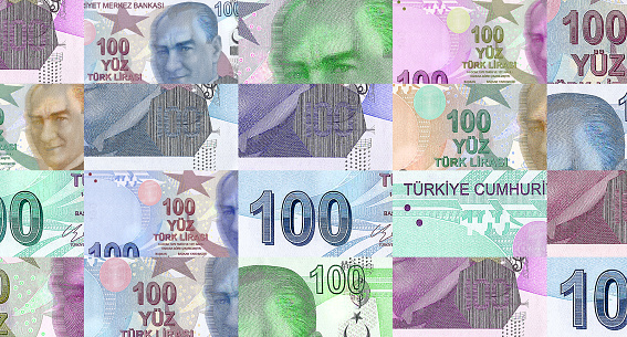 Turkish Lira 100 TRY banknotes abstract color pattern. Turkey bank note concept of currency, finance and economy. Design background 3D illustration.