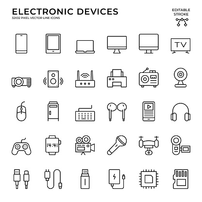 Black color, 32x32, pixel perfect, Editable Stroke. This icon set consists of Electronic Devices, Mobile Phone, Digital Tablet, Computer, TV, Camera, Computer Printer, Microphone, Drone, Laptop, Modem, Earphones, Headphones and so on