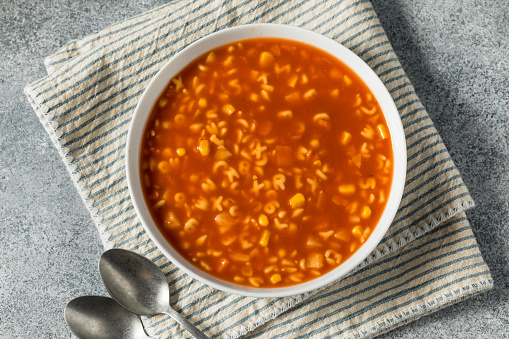Healthy Organic Alphabet Tomato Soup in a Bowl