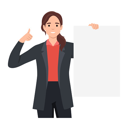 Happy young woman holding a blank or empty sheet of white paper or board and gesturing thumbs up sign. Human emotion and body language concept illustration in vector cartoon flat style.