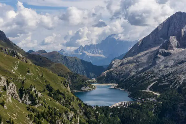 Great view of the Dolomites. Lago Fedaia and Marmolada.