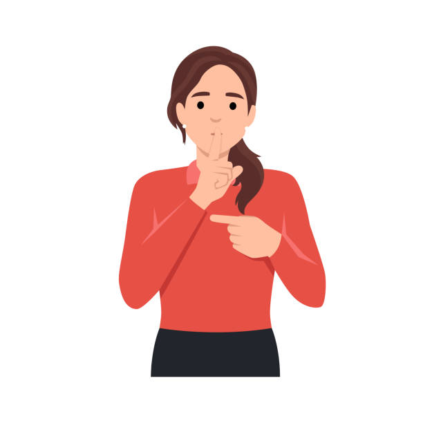 ilustrações de stock, clip art, desenhos animados e ícones de young woman shh! gesture is quieter. the concept of male secret. a man asks for silence and pointing to side. flat vector illustration isolated on white background - keep quiet