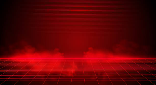 80er jahre retro futuristische science-fiction-illustration. retrowave videospiellandschaft mit neongittern - red background stock-grafiken, -clipart, -cartoons und -symbole