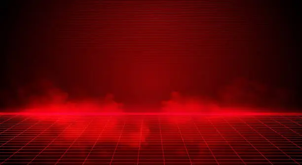 Vector illustration of 80s Retro Futuristic Sci-Fi Illustration. Retrowave Video Game Landscape With Neon Grids