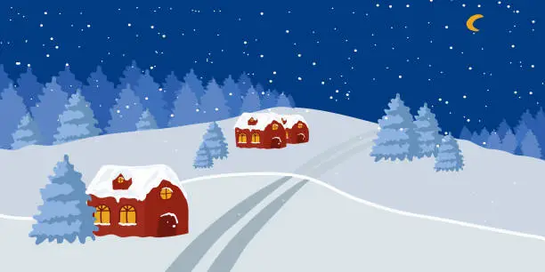 Vector illustration of Winter landscape. Winter night. Christmas.