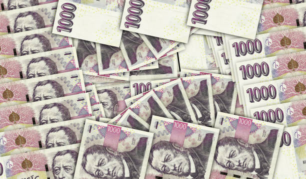 Czech Koruna banknotes in a cash fan mosaic pattern. 1000 CZK notes. Abstract concept of bank, finance, economy decorative design background 3d illustration.