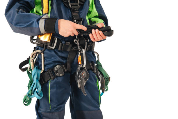istock Close up equipment industrial mountaineering worker in uniform showing on white empty isolated background. Rope access laborer posing. Concept of industry urban works. Copy text space for advertising 1466067043