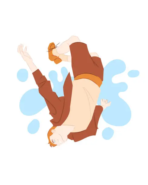 Vector illustration of Boy jumping upside down. The boy is stylishly dressed, in orange pants, brown sneakers, a beige shirt and orange jacket. Vector illustratoin in flat style on a white background