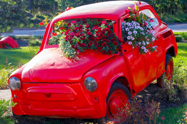 istock a red car with flowers growing out of it 1466079140