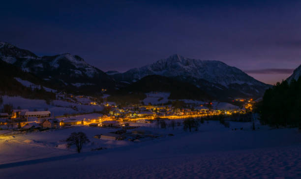 Winter evening over Spital am Pyhrn in Austria with railway station Winter evening over Spital am Pyhrn in Austria with railway small station spital am pyhrn stock pictures, royalty-free photos & images