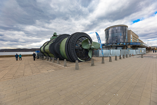 Gdynia, Poland - April 2022: Facade of Batyskaf Nautilus building with water museum inside