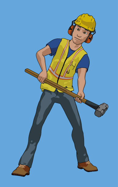 pracownik budowlany trzymający młot kowalski postać z kreskówki żółty śliniak i twardy kapelusz profesjonalna ilustracja - hat construction site construction sign stock illustrations