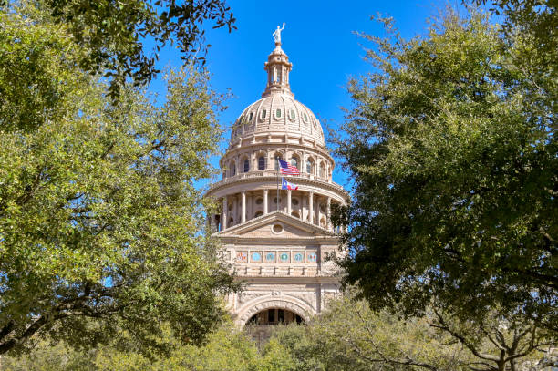 Austin, Texas, USA - February 2023: Front exterior view of the historic State Capitol Building in the city centre.