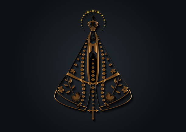 ilustrações de stock, clip art, desenhos animados e ícones de our lady appeared black and gold texture, virgin mary immaculate vector illustration isolated on luxury black background - cross cross shape shiny gold