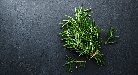 Fresh rosemary bunch on black stone table background. Spices for cooking  Top view banner
