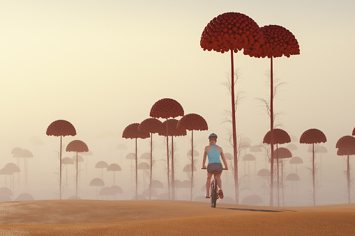 Woman cycling in strange surreal landscape. 3D generated image.