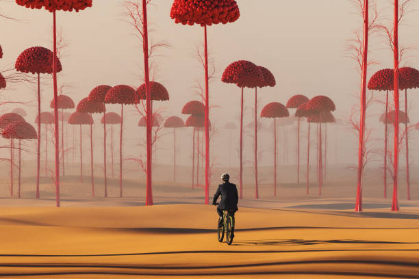 이상한 초현실적 인 풍경에서 자전거를 타는 사업가 - red nature individuality orange 뉴스 사진 이미지