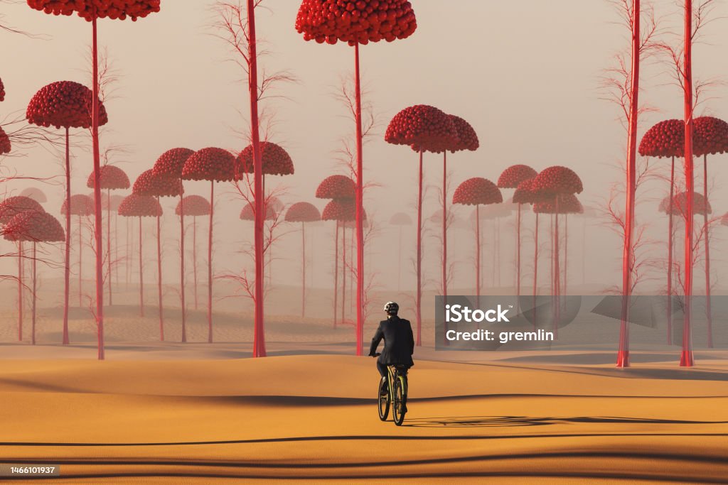 Businessman cycling in strange surreal landscape Businessman cycling in strange surreal landscape. 3D generated image. Surreal Stock Photo
