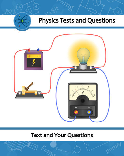 The physical experiment of studying laws of electricity and magnetism. An electric circuit consisting of parallel-connected light bulbs, an electric current source, conductors, a switch, a voltmeter. The physical experiment of studying laws of electricity and magnetism.An electric circuit consisting of parallel-connected light bulbs, an electric current source, conductors, a switch, a voltmeter lab ammeter stock illustrations