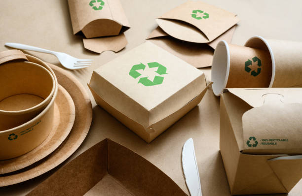 istock Biodegradable food packaging with recycling marks. Paper disposable environmentally friendly tableware for environmental protection 1466103259