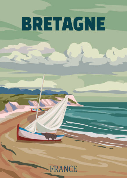 illustrations, cliparts, dessins animés et icônes de affiche de voyage bretagne france, voilier vintage, paysage marin sable paysage bord de mer - bretagne