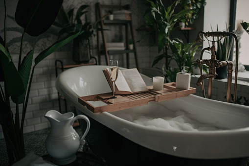 Native hues organic shapes look of bathroom with big window oval bathtub in neutrals earth tones. Green palm plants candles bubblebath leasure and relaxation skin selfcare wellness luxury living