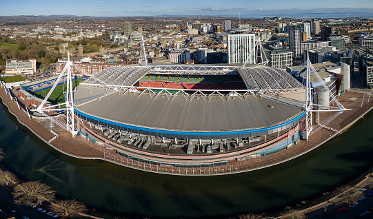 Aerial view of the centre of Cardiff and the Millennium (Principality) Stadium next to the River Taff.  The stadium is used to host international Rugby matches and other large events.