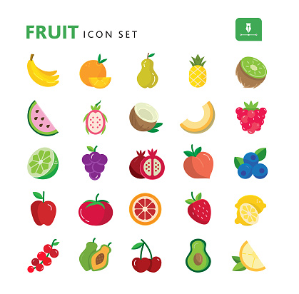 Vector illustration of a set of full color fruit icons. Includes banana, orange, lemon, coconut, plum, kiwi, apple, avocado, pineapple, pear, tomato, cherry, vine ripe tomato, peach, watermelon, pomegranate, lime or lemon, blueberries, papaya, lemon, grapes, strawberry, cherry, passion fruit, raspberry, cantaloupe.  On white background. Simple set that includes vector eps and high resolution jpg in download.