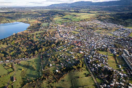 Aerial view of Futrono at dawn in Los Rios region, southern Chile