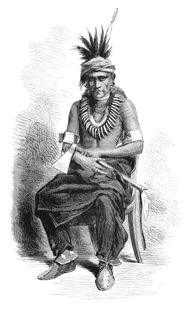 potret prajurit pawnee asli amerika 1869 - etnis cherokee ilustrasi stok