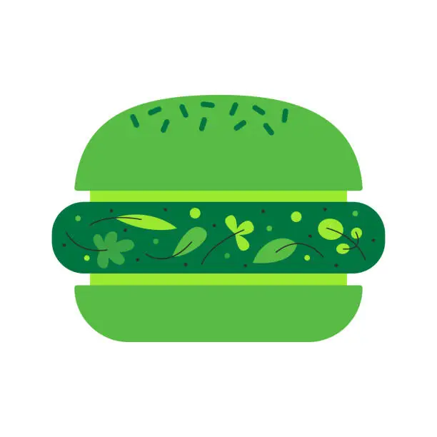 Vector illustration of Plant-based meat food. Vegetarian and vegan burger. Vegetables and cereals protein alternative. Sustainable, climate-friendly, ethical, responsible eating concept.