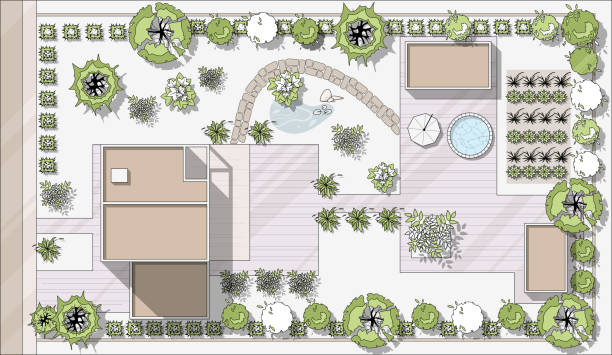 istock Top view landscape design plan with house, courtyard, lawn, garage. Highly detailed plan of country with modern cottage of villa with pond, pool. Vector illustration of Cityscape, Map of town, village 1466138627