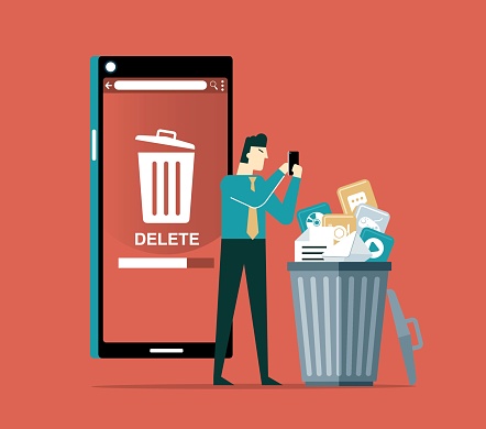 People cleaning mobile phone from trash files. Man and woman deleting documents with cleansing software flat vector illustration