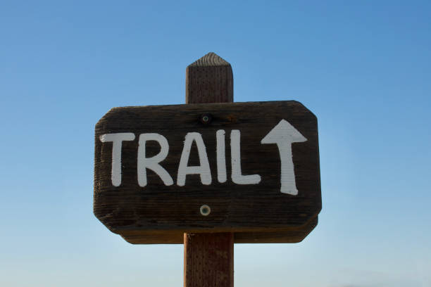istock Directional sign indicates where the trail starts 1466143024