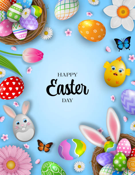 ilustrações de stock, clip art, desenhos animados e ícones de happy easter background with eggs in the nests, flowers and butterflies - easter traditional culture backgrounds basket