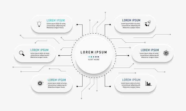 illustrazioni stock, clip art, cartoni animati e icone di tendenza di modello di design di etichette in infografica vettoriale con icone e 6 opzioni o passaggi. può essere utilizzato per diagrammi di processo, presentazioni, layout del flusso di lavoro, banner, diagramma di flusso, grafico informativo. - 6