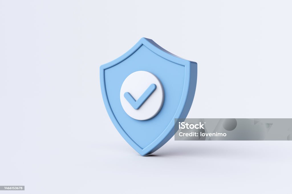 Shield Concept. 3d rendering. Shield with check mark. Shield, Three Dimensional, Safety, Security, Check Mark Three Dimensional Stock Photo