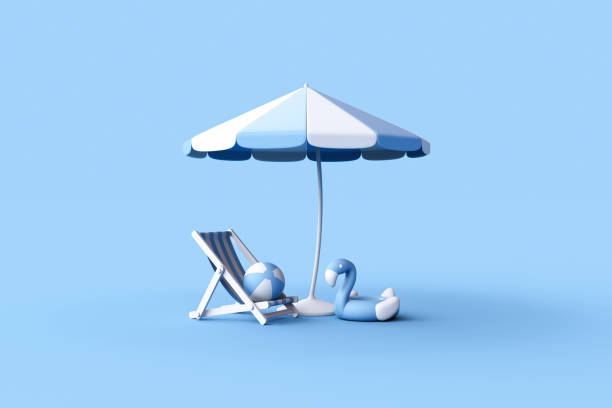 istock Summer Concept, beach umbrella, striped beach chairs. 1466153761