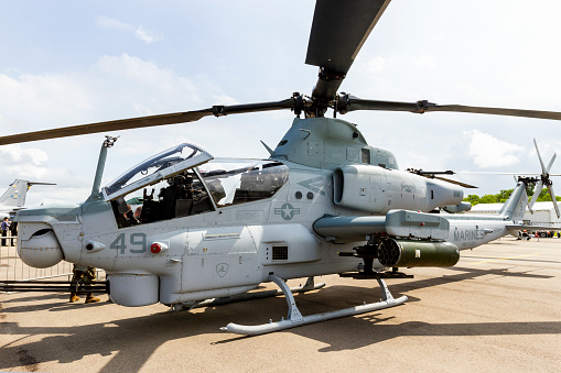 Changi Airport, Singapore - February 12, 2020 : Bell AH-1Z Viper Attack Helicopter (Reg 168049) Of United States Marine Corps On Display In Singapore Airshow.