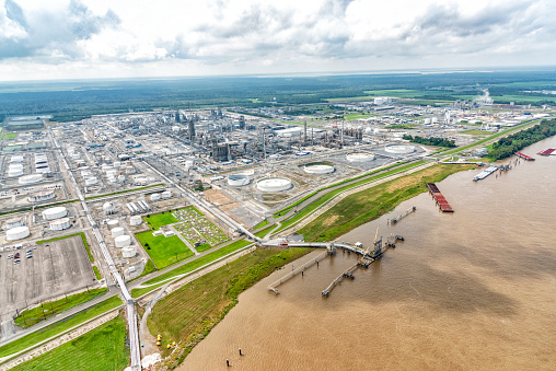 A large oil refinery along the shores of the Mississippi River in Louisiana near the Gulf of Mexico.