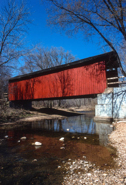 Sandy Creek Covered Bridge - Close-up From Water's Edge - 2001 Sandy Creek Covered Bridge - Close-up From Water's Edge - 2001. Scanned from Kodachrome 25 slide. 2001 stock pictures, royalty-free photos & images